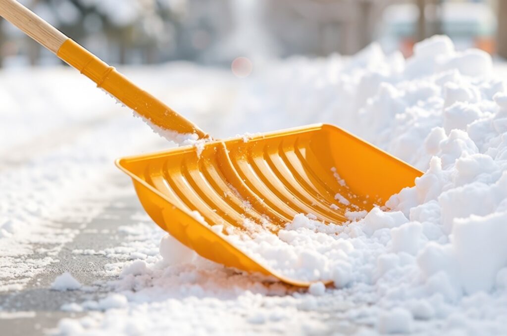Nahaufnahme einer Person, die an einem kalten, strahlenden Wintermorgen eine gelbe Schneeschaufel schiebt, um einen verschneiten Gehweg zu räumen